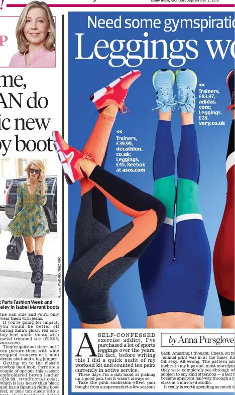  ??  ?? Versatile: Schiaparel­li show at Paris Fashion Week and (right) Rosie Huntington-Whiteley in Isabel Marant boots Trainers, £39.99, decathlon. co.uk; Leggings, £45, Reebok at asos.com Tr> a>
iners, £83.97, adidas. com; Leggings, £28, very.co.uk