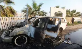  ?? Photograph: Ahmed Zakot/Reuters ?? One of the vehicles in which WCK employees were killed in Deir al-Balah on 2 April.