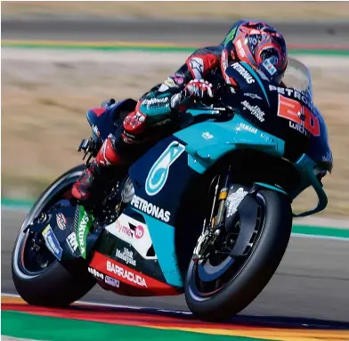  ?? — AFP ?? Determined: Petronas Yamaha SRT rider Fabio Quartararo in action during the qualifying round of the Aragon Grand Prix at the Motorland circuit in Spain.