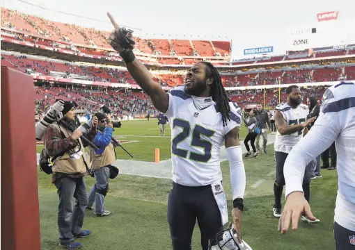  ?? Marcio Jose Sanchez / Associated Press 2017 ?? Stanford grad Richard Sherman walked out of Levi’s Stadium a winner in each of the past four seasons. He will walk back in this year as a 49er.