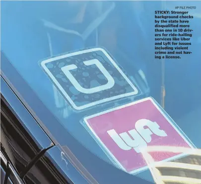  ?? AP FILE PHOTO ?? STICKY: Stronger background checks by the state have disqualifi­ed more than one in 10 drivers for ride-hailing services like Uber and Lyft for issues including violent crime and not having a license.