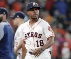  ?? AP PHOTO/MICHAEL WYKE ?? In this 2019 file photo, Houston Astros left fielder Tony Kemp (18) leaves the field after a baseball game against the Oakland Athletics in Houston.