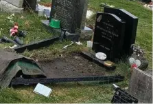  ??  ?? Graves and memorials were trashed at Riddrie Park Cemetery
