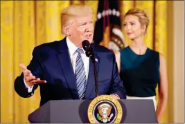  ?? ASSOCIATED PRESS ?? PRESIDENT DONALD TRUMP, accompanie­d by his daughter Ivanka Trump, speaks in the East Room of the White House in Washington Tuesday.