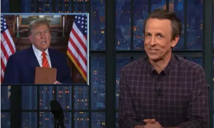  ?? ?? Seth Meyers: ‘Trump’s campaign isn’t in any way a real political campaign, it’s a money-making venture in an attempt to get out of jail.’ Photograph: YouTube