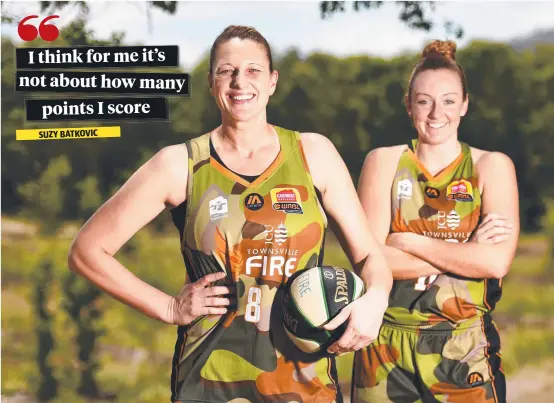  ?? READY TO FIGHT: Townsville Fire stars Suzy Batkovic and Ally Malott at Lavarack Barracks yesterday ahead of tonight’s clash with Bendigo, which form part of the WNBL’s ‘ Hoops for Troops’ round. Picture: ALIX SWEENEY ??