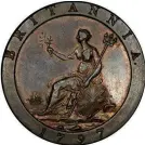  ??  ?? Britannia on Reverse of Cartwheel Twopence of 1797. Popular demand from the public resulted in further orders, for halfpennie­s and farthings in 1799