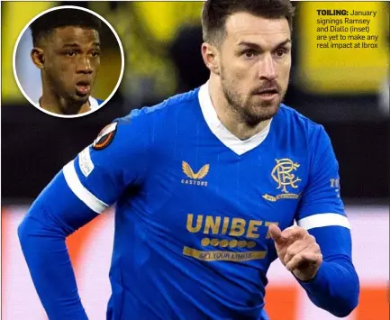  ?? ?? TOILING: January signings Ramsey and Diallo (inset) are yet to make any real impact at Ibrox