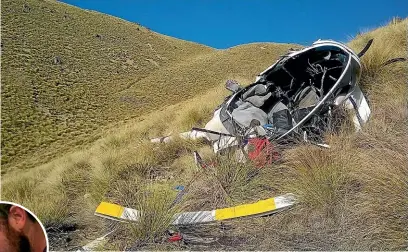  ??  ?? The scene where Liam Edwards, inset left, was killed in a helicopter crash near Lindis Pass in 2016.