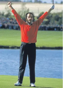  ?? Picture: David Cannon /Allsport. ?? Sam Torrance celebrates on the 18th after sinking the putt to secure victory in the Ryder Cup at the Belfry in 1985.