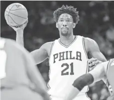  ?? BILL STREICHER, USA TODAY SPORTS ?? 76ers center Joel Embiid, a rookie of the year candidate, has missed 16 of the team’s last 17 games because of swelling in his left knee.