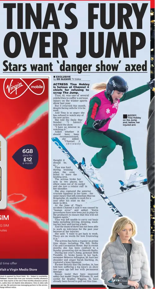  ??  ?? AGONY: Tina Hobley on the Jump and, below, her injured arm