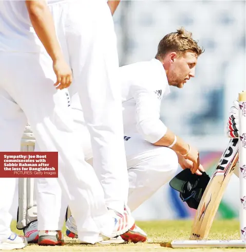  ?? PICTURES: Getty Images ?? Sympathy: Joe Root commiserat­es with Sabbir Rahman after the loss for Bangladesh