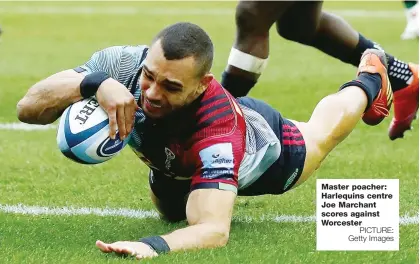  ?? PICTURE: Getty Images ?? Master poacher: Harlequins centre Joe Marchant scores against Worcester