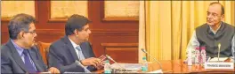  ??  ?? SAFE DISTANCE: Finance Minister Arun Jaitley with RBI Governor Urjit Patel and SEBI Chairperso­n Ajay Tyagi at North Block in New Delhi.