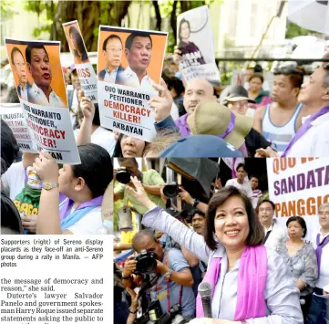  ??  ?? Supporters (right) of Sereno display placards as they face-off an anti-Sereno group during a rally in Manila. — AFP photos Sereno waves to supporters in front of the supreme court building in Manila.