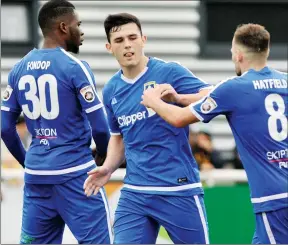  ?? PICTURE: David Purday ?? MAKING THEIR POINT: Frankie Mulhern of Guiseley celebrates after scoring the Lions’ equalising goal to make it 1-1