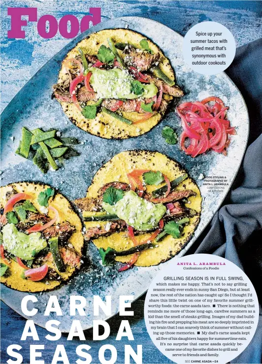  ?? FOOD STYLING & PHOTOGRAPH­Y BY ANITA L. ARAMBULA CONFESSION­S OF A FOODIE ?? Spice up your summer tacos with grilled meat that’s synonymous with outdoor cookouts