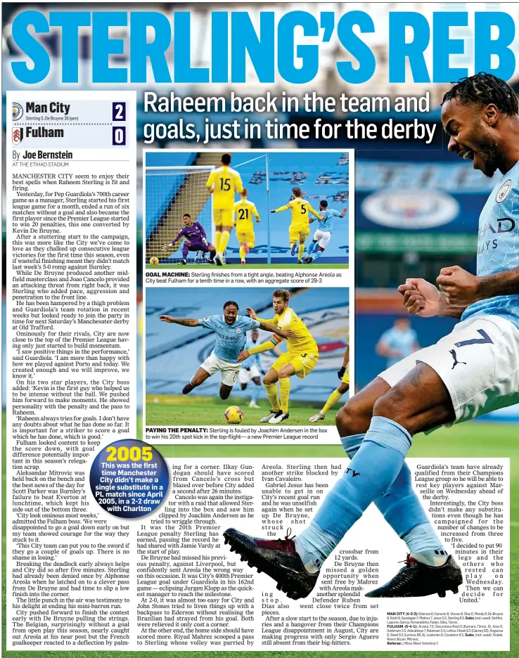  ??  ?? GOAL MACHINE: Sterling finishes from a tight angle, beating Alphonse Areola as City beat Fulham for a tenth time in a row, with an aggregate score of 29-3
PAYING THE PENALTY: Sterling is fouled by Joachim Andersen in the box to win his 20th spot kick in the top-flight— a new Premier League record