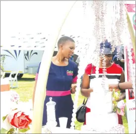  ??  ?? Enterprenu­er Lorraine Muponda (left) exhibits some of her cakes during the Sunday Mail Bridal Expo held at Star FM Gardens in Harare on Sunday. — Picture by Edward Zvemisha