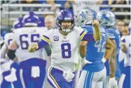  ?? DUANE BURLESON/ASSOCIATED PRESS ?? Vikings quarterbac­k Kirk Cousins reacts after a touchdown by running back Dalvin Cook during Sunday’s game against the Lions. The Vikings face the Redskins on Thursday in Minneapoli­s.