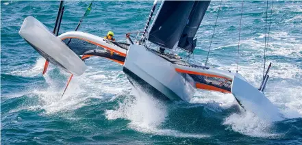  ??  ?? Above: the 39ft trimaran Morpheus Left: The 140ft Skorpios was first monohull around the Rock
Right: Apivia took a huge win in the IMOCA class