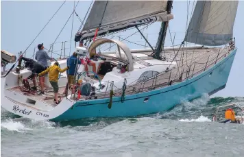  ?? KIM VAN ZYL ?? CO-PRESENTED by the Royal Cape Yacht Club, St Helena Tourism and St Helena Yacht Club, and co-sponsored by Wesgro, the Cape to St Helena race kicked off in Table Bay on Wednesday. Here, the Rocket navigates the bumpy waters. |