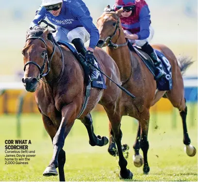  ?? ?? COR WHAT A SCORCHER Coroebus (left) and James Doyle power home to win the 2,000 Guineas