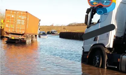  ??  ?? Flooding on the B645 road in Stonely, Cambridges­hire. Photograph: @roadpolice­BCH/PA