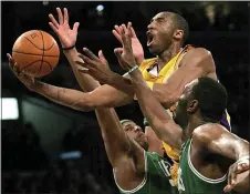  ?? BRANIMIR KVARTUC — THE ASSOCIATED PRESS FILE ?? The Lakers’ Kobe Bryant, top, goes up for a shot between Boston’s Paul Pierce, left, and Al Jefferson during a 2007 game in Los Angeles. Bryant is expected to be officially announced as a member of the 2020enshri­nement class for the Basketball Hall of Fame on Saturday.