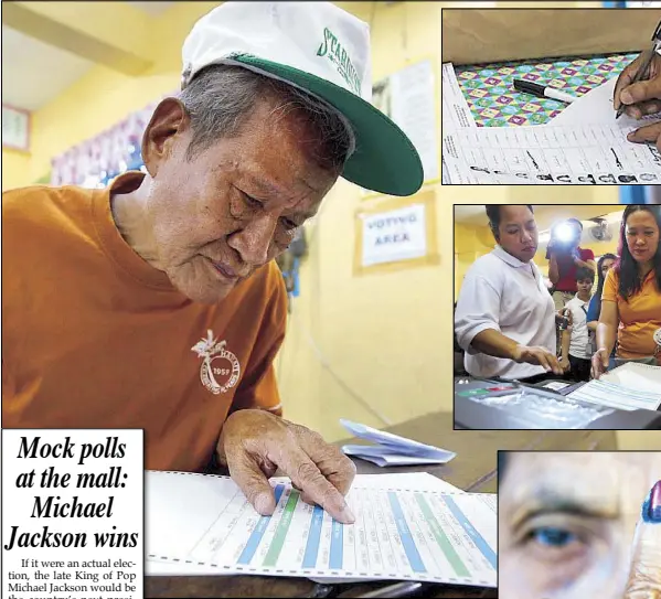 ?? BOY SANTOS/KRIZJOHN ROSALES ?? Fausto Molina, a 79-year-old resident from Barangay San Isidro Labrador in Quezon City, selects ‘candidates’ during the nationwide mock elections yesterday. Inset photos show (from top) a mock poll participan­t signing the official voters’ list; a voter...