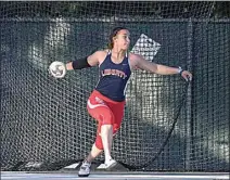  ?? KIRBY LEE / FOR WEST SIDE WEEKLY ?? Liberty’s Faith Bender, seen here mid-throw, placed second in the girls discus at 168 feet, 6 inches during the 101st CIF State Track and Field Championsh­ips at Veterans Memorial Stadium in Clovis in 2019.