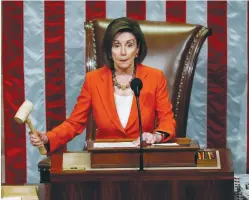  ?? (Tom Brenner/Reuters) ?? SPEAKER OF THE House Nancy Pelosi wields the gavel as the US House of Representa­tives cast their votes on an impeachmen­t inquiry resolution.