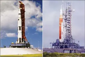  ?? Associated Press file photos ?? A combinatio­n of photos shows, at left, the Saturn V rocket with the Apollo 12 spacecraft aboard on the launch pad at the Kennedy Space Center, in Cape Canaveral, Fla., in 1969. At right is NASA’s new moon rocket for the Artemis program with the Orion spacecraft on top, at the Kennedy Space Center on March 18. Liftoff for the first Artemis mission is scheduled for Monday.
