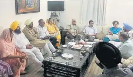  ?? PTI ?? Aam Aadmi Party national convener and Delhi CM Arvind Kejriwal and his deputy Manish Sisodia, who is Punjab affairs incharge, with party MLAs from Punjab in a meeting in New Delhi on Sunday.