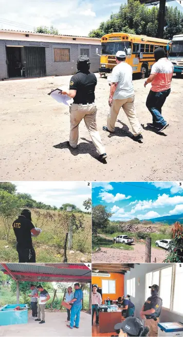  ?? FOTOS: EL HERALDO ?? (1) Agentes de la ATIC aseguraron un terreno donde funciona una terminal de buses en la colonia Kennedy al diputado Celín Discua. (2) Tres lotes de terreno fueron asegurados en Comayagua. (3) Seis propiedade­s de Elvin Santos fueron aseguradas. (4) En Trujillo se confiscaro­n dos propiedade­s. (5) La defensa de Santos descartó que su empresa fuera asegurada. 1 2 3 4 5