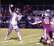  ?? RANDY MOLL NWA NEWSPAPERS ?? Lincoln senior quarterbac­k Caleb Lloyd attempts to connect with a receiver during play in Pioneer Stadium against Gentry High School on Oct. 26. Lincoln won 38-13. The Wolves take on Hamburg in a road playoff game this Friday at 7 p.m.