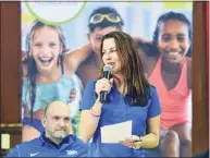  ?? Hearst Connecticu­t Media file photo ?? Karen Cohn speaks at the ZAC Camp closing ceremony on April 12, 2018. The water and pool safety program was founded by Cohn and her husband, who lost their son Zachary Cohn in a 2007 pool accident.