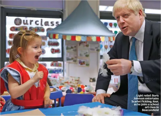  ??  ?? Light relief: Boris Johnson entertains Scarlet Fickling, four, as he joins a school art class in Beaconsfie­ld