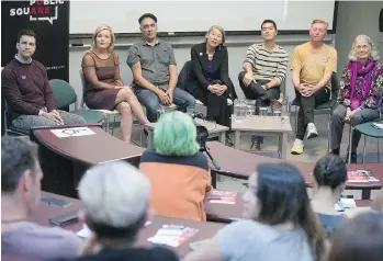  ?? JASON PAYNE ?? Candidates from left, Hector Bremner, Mary Jean “Watermelon” Dunsdon, Pete Fry, Judy Graves, Gary Lee, Damian J. Murphy and Jean Swanson attend a forum at SFU’s Vancouver campus on Thursday.