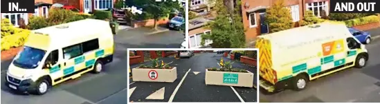  ?? ?? No way out: An ambulance heads up the road in Stockport but has to turn around and go back because of the planters, inset