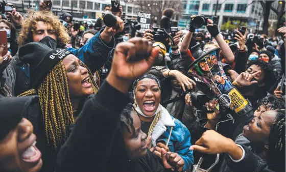  ??  ?? Crowds in Minneapoli­s, Minnesota react to the guilty verdict in the trial of Derek Chauvin (inset, below). Pictures: AFP