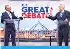  ?? ?? SYDNEY: Australian Prime Minister Scott Morrison (R) and the Opposition Leader Anthony Albanese (L) attend the second leaders’ debate of the 2022 federal election campaign at the Nine studio in Sydney. — AFP