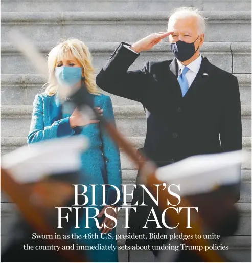  ?? MIKE SEGAR/REUTERS; TASOS KATOPODIS/GETTY IMAGES ?? Joe Biden, with First Lady Jill Biden, became the oldest man to be sworn as U.S. president at the Capitol on Wednesday.
Biden's vice president, Kamala Harris, below, is the first woman, the first Black American and the first Asian American to hold the office.