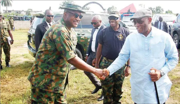  ??  ?? L-R: AVM Onuh AOC, Rear Adm Apochi and Dep. Gov Bayelsa, Rear Admiral Jonah (rtd)