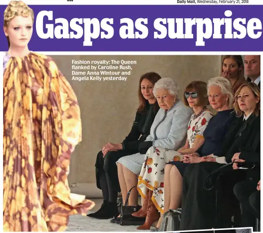  ??  ?? Fashion royalty: The Queen flanked by Caroline Rush, Dame Anna Wintour and Angela Kelly yesterday