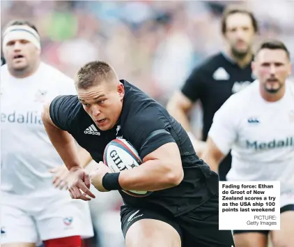  ?? PICTURE: Getty Images ?? Fading force: Ethan de Groot of New Zealand scores a try as the USA ship 100 points last weekend