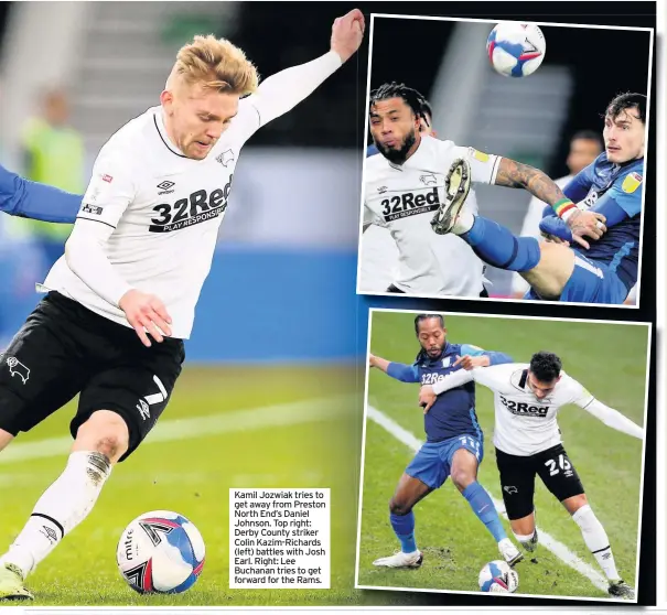  ??  ?? Kamil Jozwiak tries to get away from Preston North End’s Daniel Johnson. Top right: Derby County striker Colin Kazim-Richards (left) battles with Josh Earl. Right: Lee Buchanan tries to get forward for the Rams.