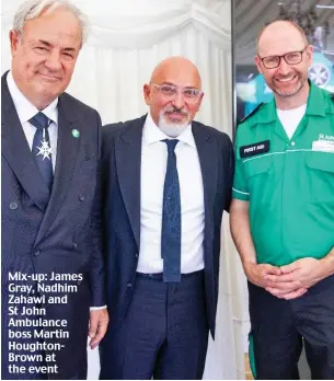  ?? ?? Mix-up: James Gray, Nadhim Zahawi and St John Ambulance boss Martin HoughtonBr­own at the event