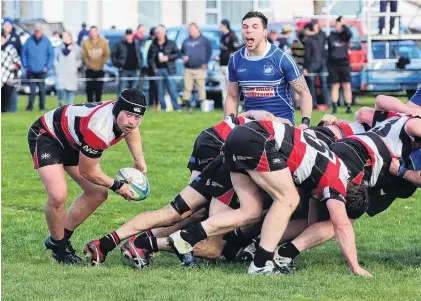  ?? PHOTO: SUPPLIED ?? Looking to the right . . . Midland No 8 Sam Brame looks to move the ball while Wyndham halfback Tyrone Braven alerts his team in Wyndham last Saturday.